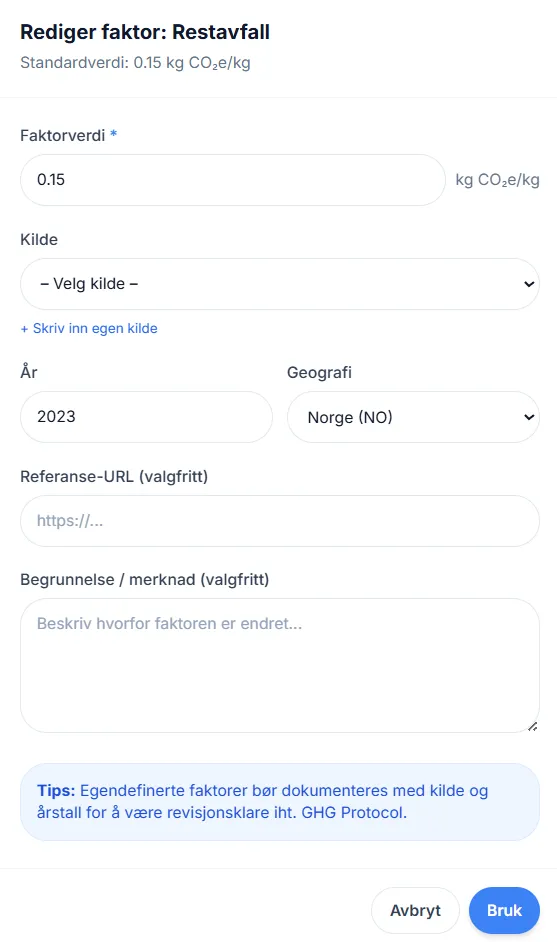 Rediger egne utslippsfaktorer i Karbonspor